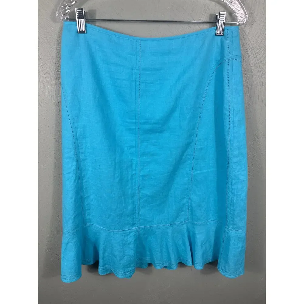 Sag Harbor Linen Blend Skirt Women 12 Blue Excellent‎ Ruffle Hem Midi T63053KH